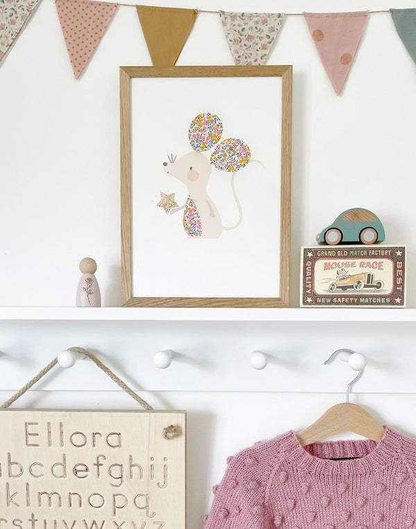 Nursery art by The Charming Press featuring a hand drawn mouse with Liberty details, shown on nursery shelf.