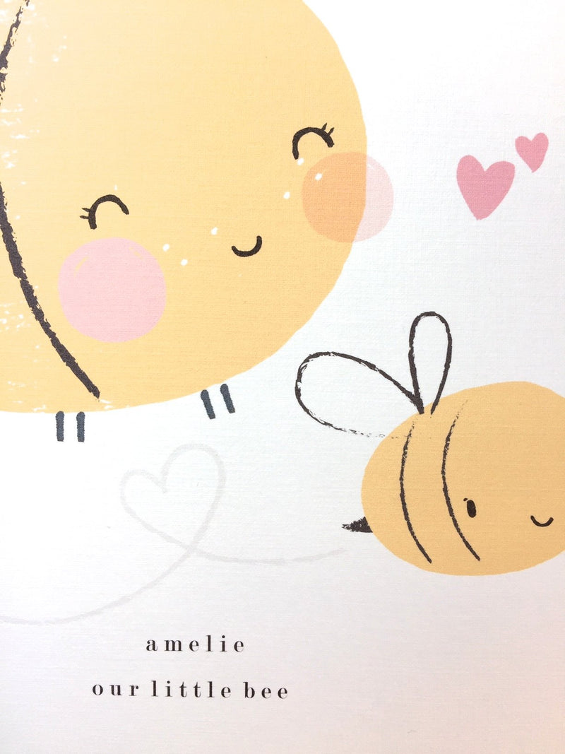 Close up of personalised Liberty print bumble bee art by The Charming Press